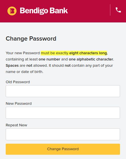 Bendigo Bank dumb password rule screenshot