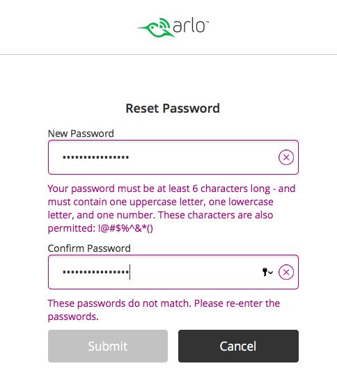 Arlo dumb password rule screenshot
