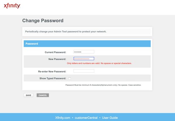 Xfinity Modem dumb password rule screenshot