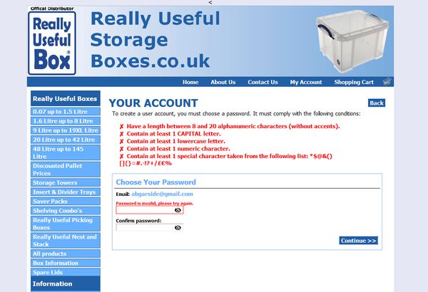 Really Useful Storage Boxes dumb password rule screenshot