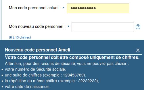 Ameli.fr (French national health insurance) dumb password rule screenshot