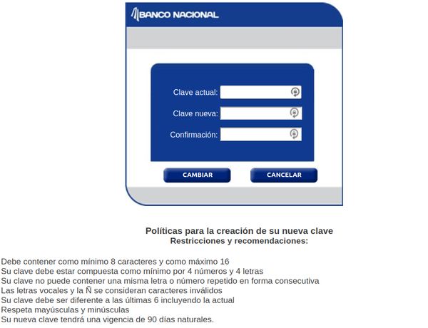 Banco Nacional (Costa Rica National Bank) dumb password rule screenshot