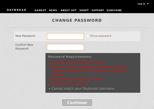 Daybreak Games dumb password rule screenshot