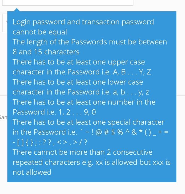 Sampath Bank dumb password rule screenshot