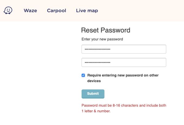 Waze dumb password rule screenshot
