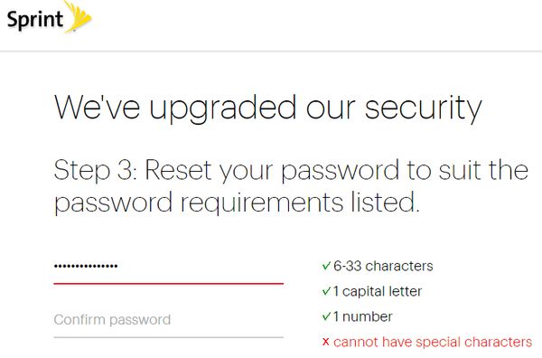 Sprint dumb password rule screenshot