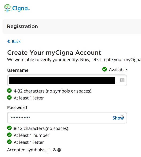 Cigna dumb password rule screenshot