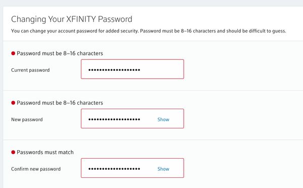 Comcast dumb password rule screenshot