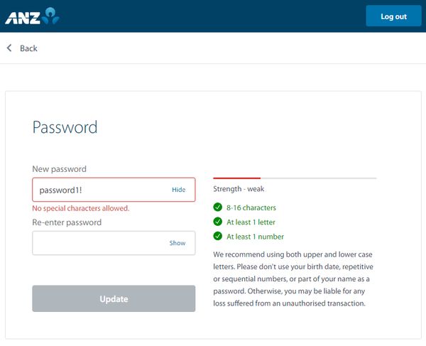 ANZ Bank dumb password rule screenshot