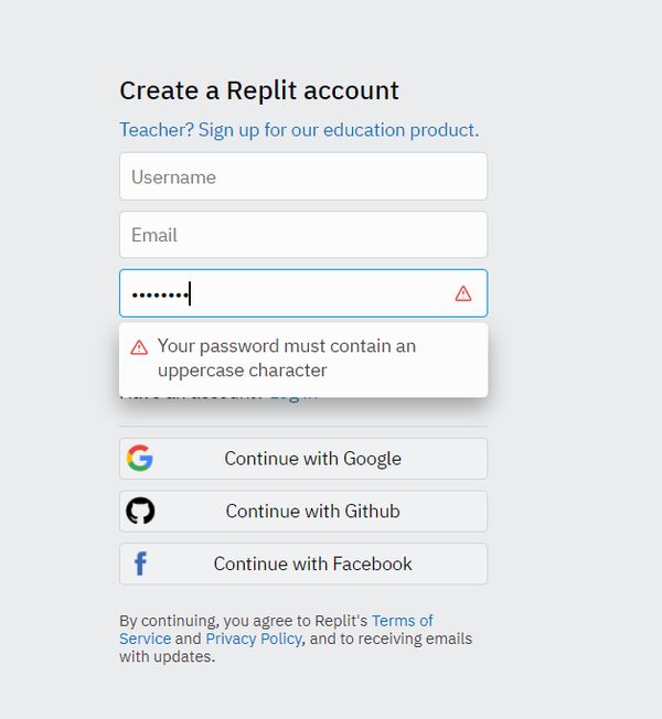 Replit dumb password rule screenshot