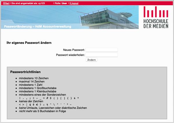 Stuttgart Media University dumb password rule screenshot