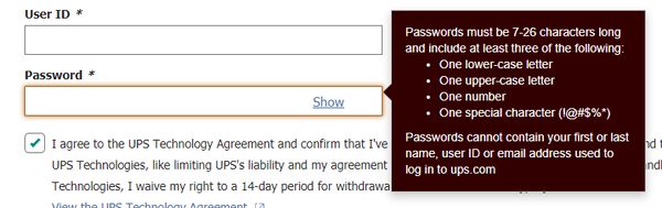 United Parcel Service of America dumb password rule screenshot
