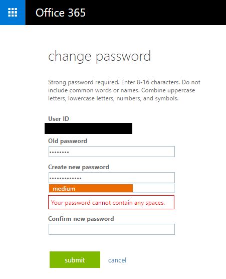 Microsoft (work accounts) dumb password rule screenshot