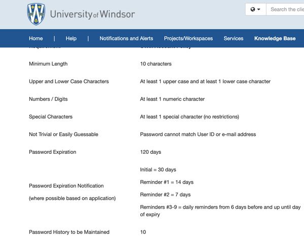 University of Windsor dumb password rule screenshot