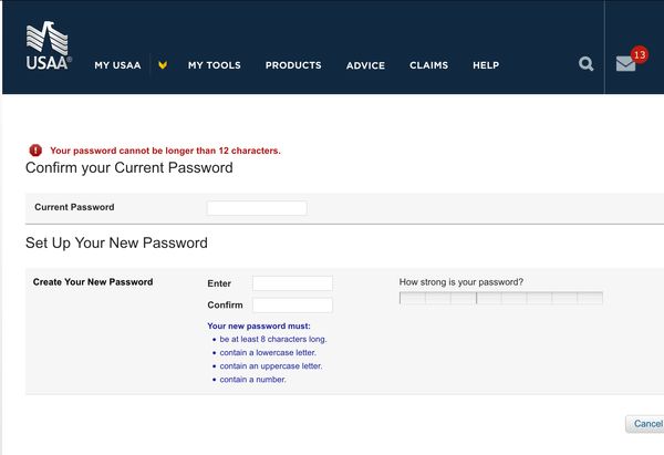 USAA Bank dumb password rule screenshot