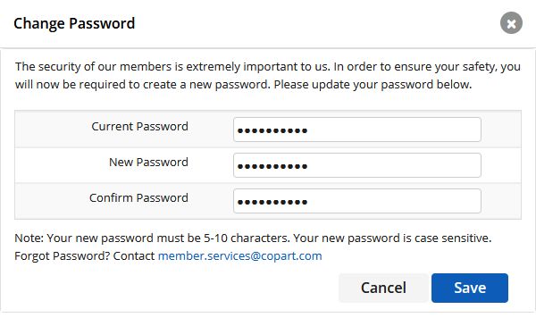 Copart dumb password rule screenshot