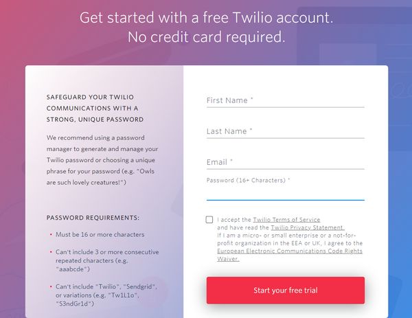 Twilio dumb password rule screenshot