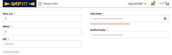 Datart.cz dumb password rule screenshot