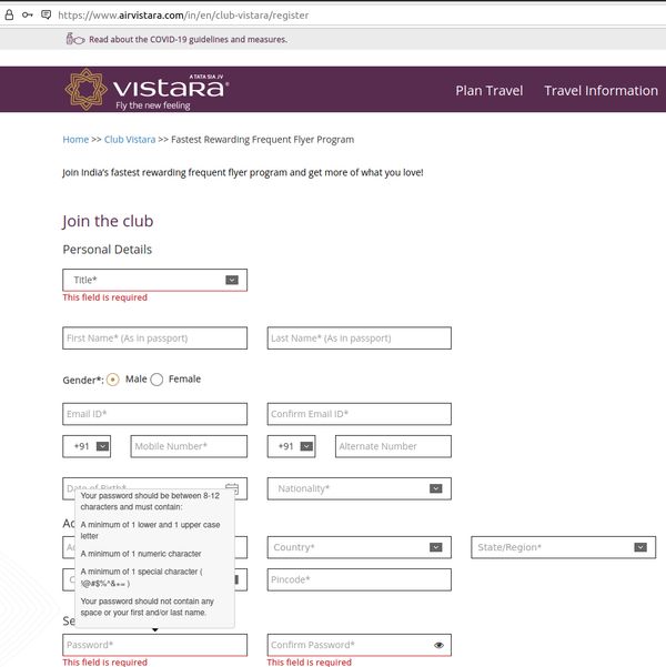 Vistara dumb password rule screenshot