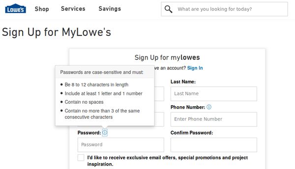 Lowes dumb password rule screenshot