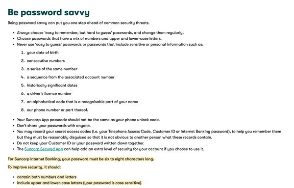 Suncorp dumb password rule screenshot