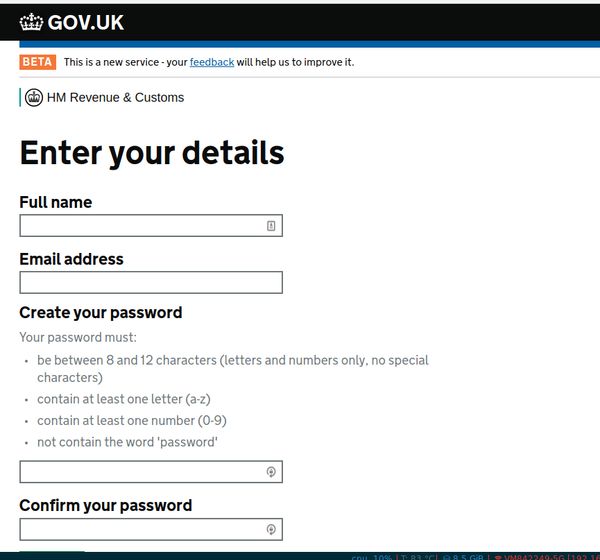 HM Revenue & Customs (UK Tax) dumb password rule screenshot