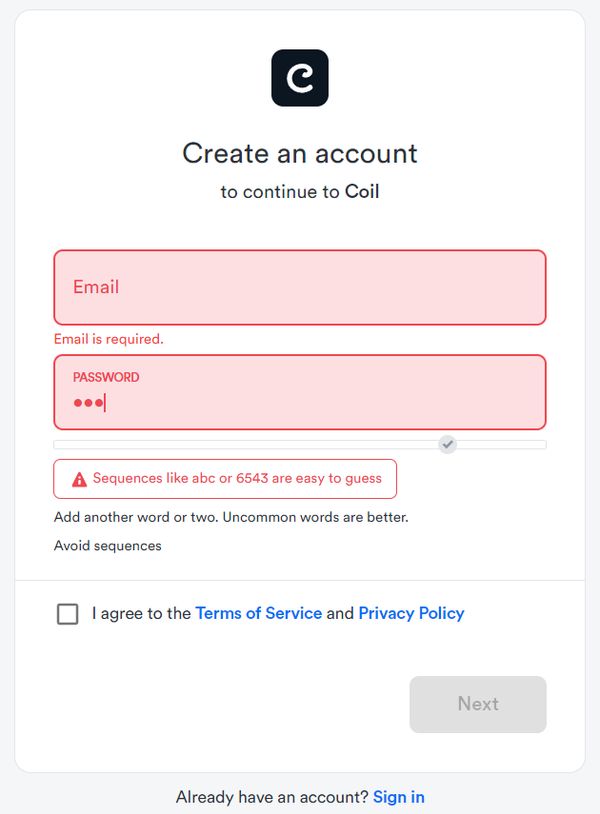 Coil dumb password rule screenshot