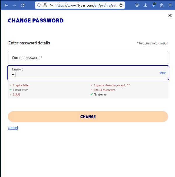 SAS Eurobonus dumb password rule screenshot