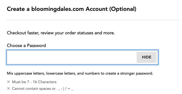 Bloomingdale's dumb password rule screenshot