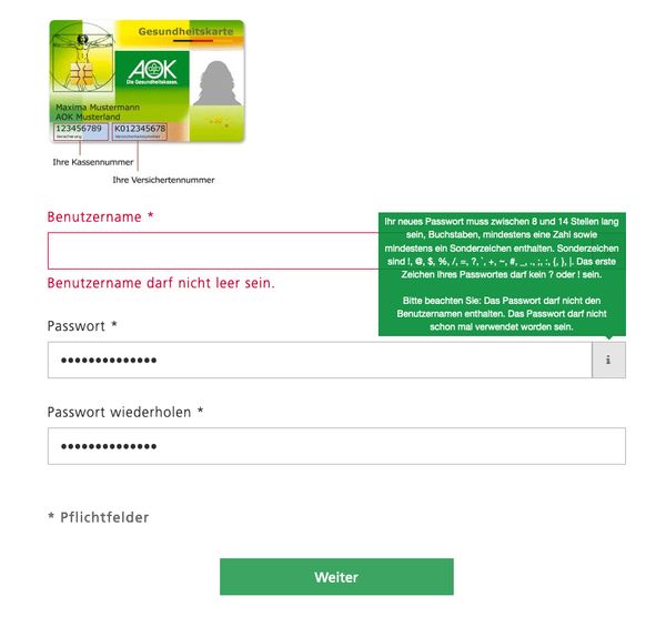 AOK (German Health Insurance) dumb password rule screenshot