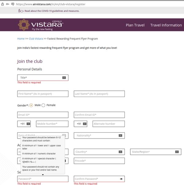 Vistara dumb password rule screenshot