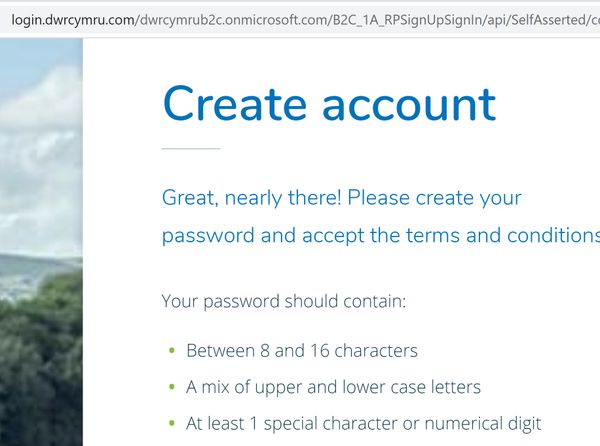 Dwr Cymru (Welsh Water) dumb password rule screenshot