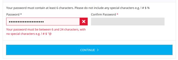 M and M Direct dumb password rule screenshot