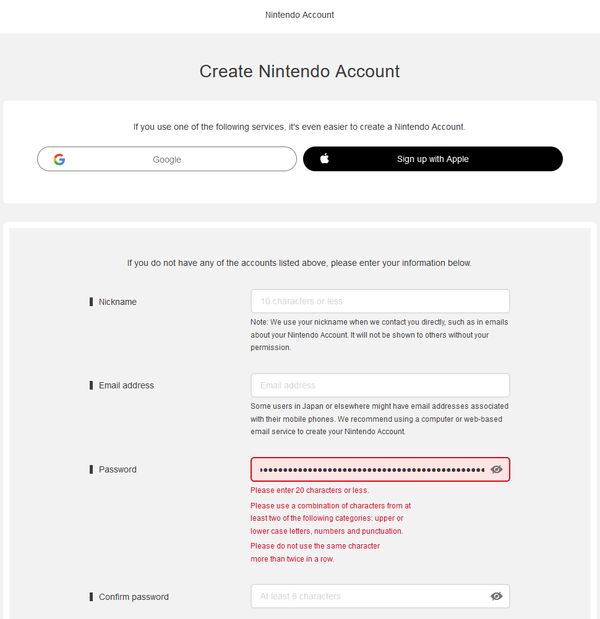 Nintendo dumb password rule screenshot