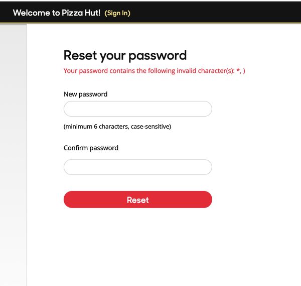 PizzaHut dumb password rule screenshot