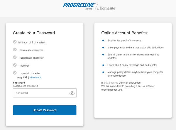 Progressive Home by Homesite dumb password rule screenshot