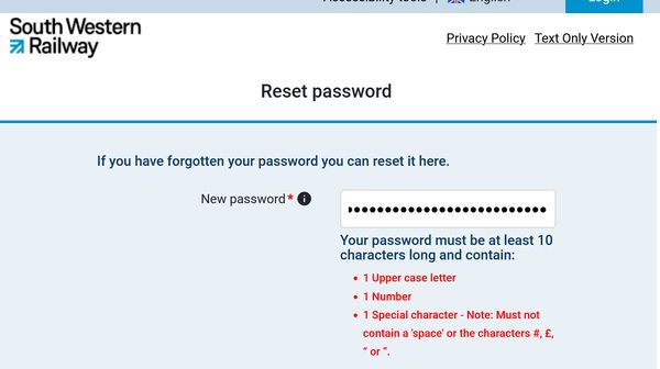 South Western Railway dumb password rule screenshot