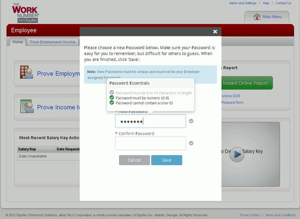 Equifax - The Work Number dumb password rule screenshot