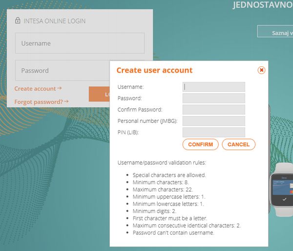 Banca Intesa Serbia dumb password rule screenshot