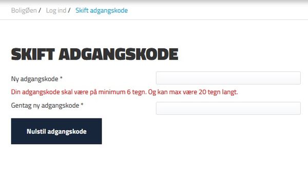 Boligøen (Danish resident renting bureau) dumb password rule screenshot