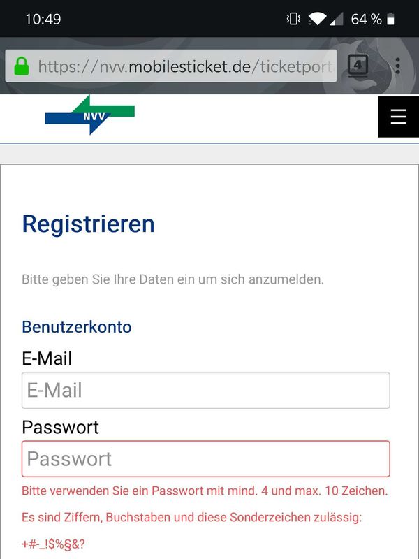 NVV (Nordhessische VerkehrsVerbund) dumb password rule screenshot