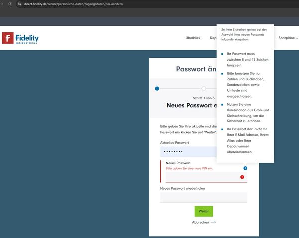 Fidelity Germany dumb password rule screenshot