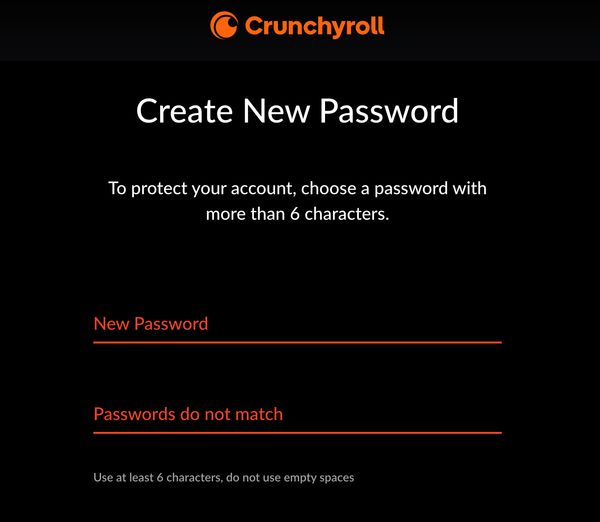 Crunchyroll dumb password rule screenshot