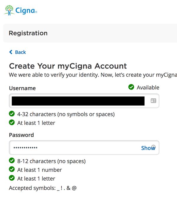 Cigna dumb password rule screenshot