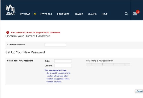 USAA Bank dumb password rule screenshot