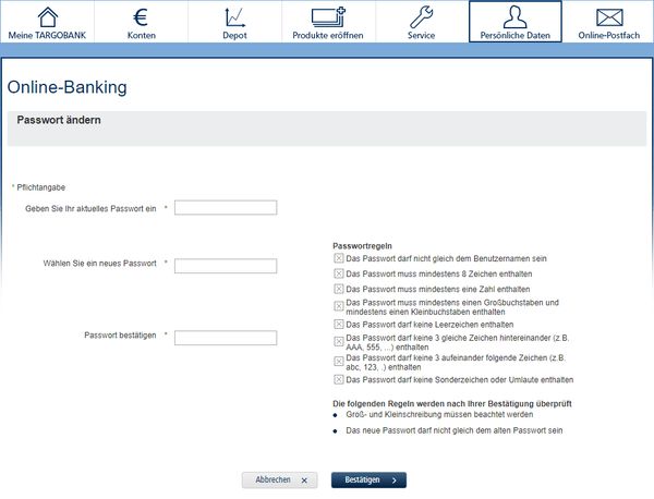 Targobank dumb password rule screenshot