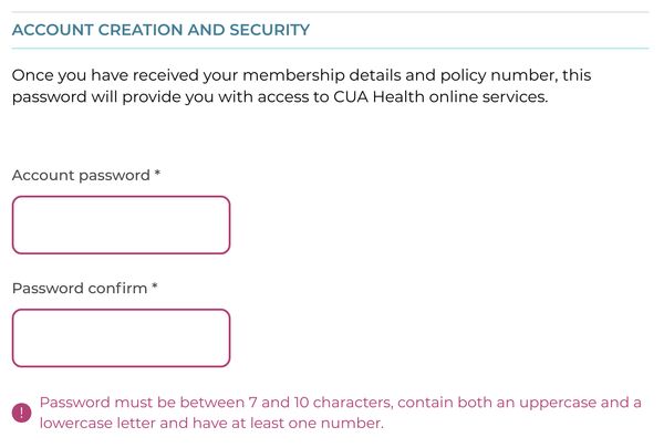 Credit Union Australia (CUA) Health dumb password rule screenshot