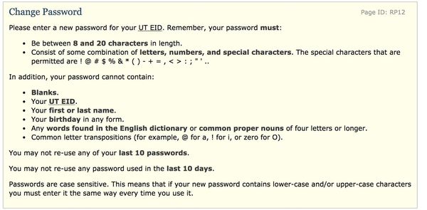 University of Texas at Austin dumb password rule screenshot
