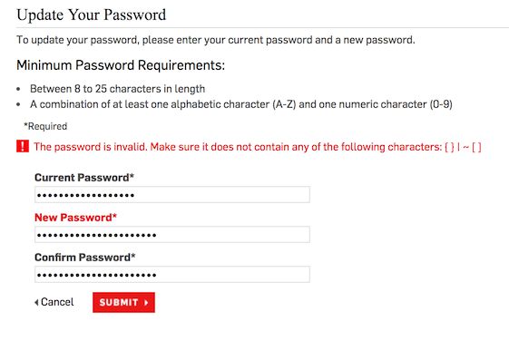 Williams-Sonoma dumb password rule screenshot