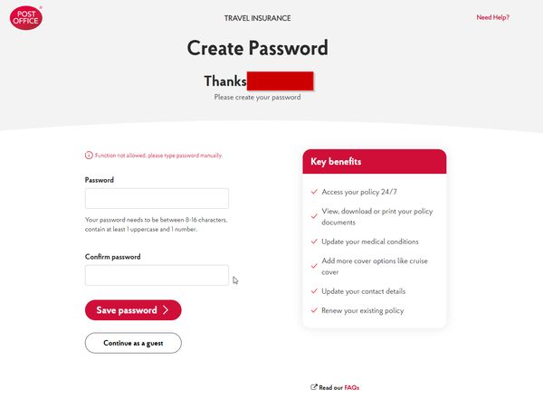 United Kingdom Post Office dumb password rule screenshot